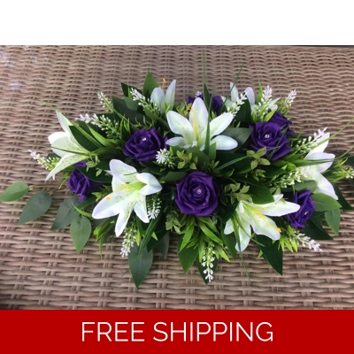 Cemetery Display with Tiger Lily's and Purple Roses